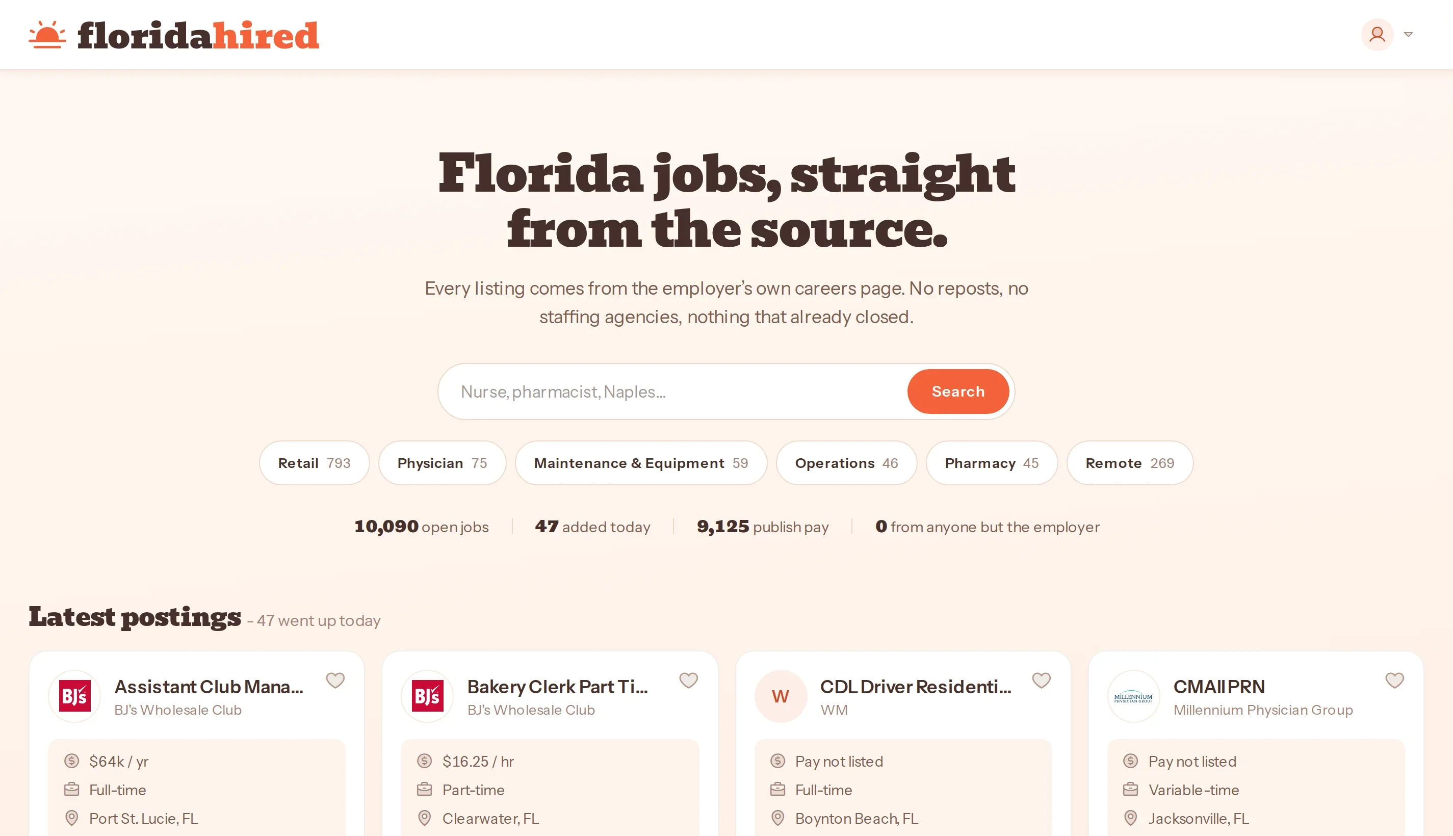 The floridaHired home page: a search box, role filters and the latest postings.